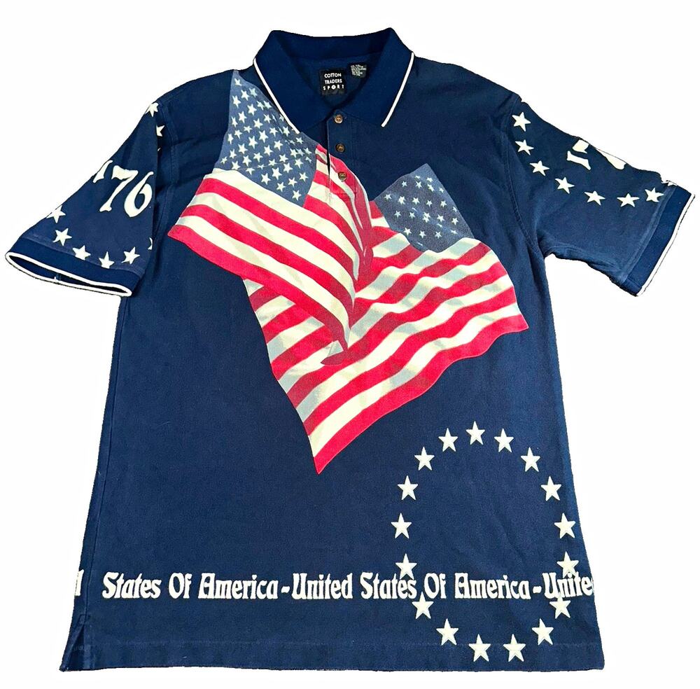 Vintage Cotton Traders Sport 1776 USA Flag Polo Shirt All Over Print Men's XXL